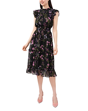 Cece Floral Clip Dot Smocked Ruffle Midi Dress In Rich Black