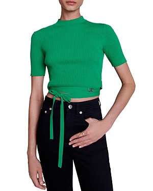 Maje Moseanne Rib Tie Waist Crop Sweater In Green