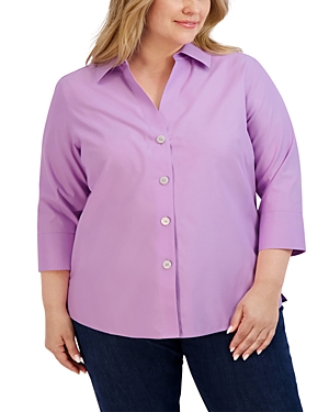 Shop Foxcroft Plus Paityn Three-quarter Sleeve Poplin Shirt In Soft Violet
