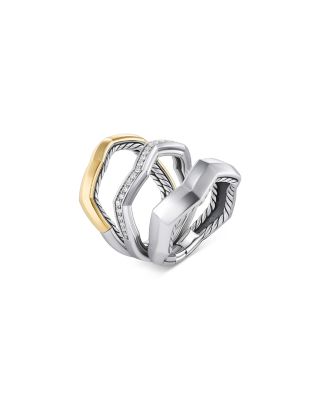 Stax Zig Zag Three Row Ring in Sterling Silver with 18K Yellow Gold and Diamonds, 11.7mm