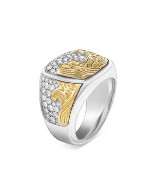 Men's Waves Signet Ring in Sterling Silver with 18K Yellow Gold and Diamonds, 18.8mm