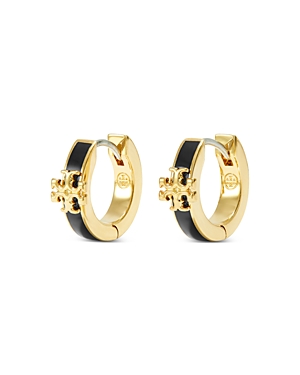 Shop Tory Burch Kira Enamel Huggie Hoop Earrings In 18k Gold Plated In Black/gold