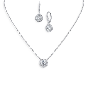 Cz By Kenneth Jay Lane Round Pave Halo Earrings & Pendant Necklace Set In Silver