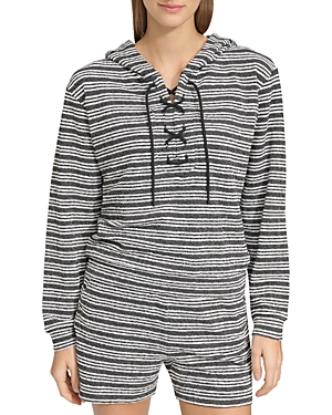 Shop Marc New York Heritage Striped Lace Up Hoodie In Black White Combo