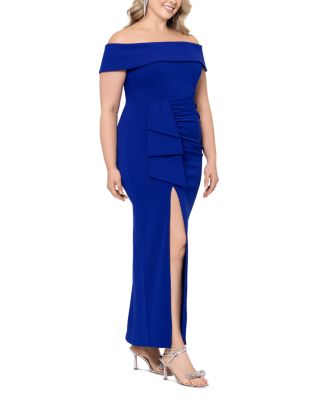 slim fit dress slacks Xscape Evenings Floral Off the Shoulder Dress 6341X
