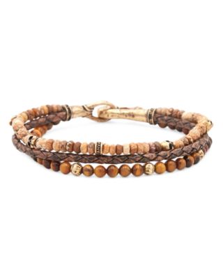 Men's Brass Skull Jasper, Tiger Eye, & Woven Leather Triple Strand Bracelet