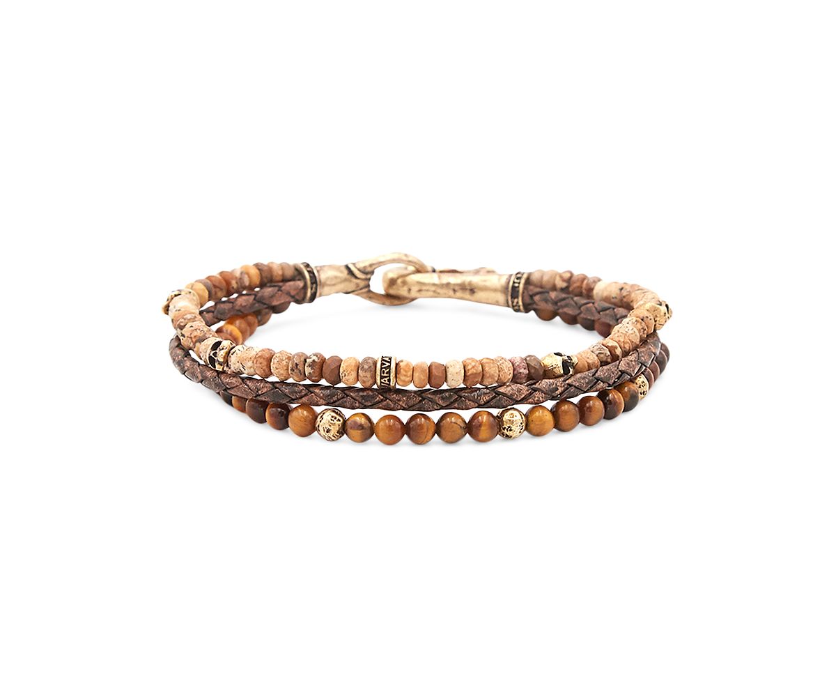 John Varvatos Men's Brass Skull Jasper, Tiger Eye, & Woven Leather Triple Strand Bracelet