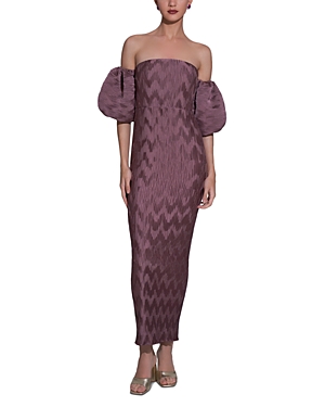 Shop L'idée L'idee Off-the-shoulder Puff Sleeve Pleated Gown In Chocolate