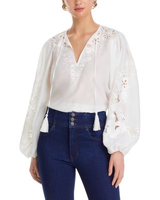 Kobi Halperin Silk Embroidered good V-neck Long Bell Sleeve Blouse tunic