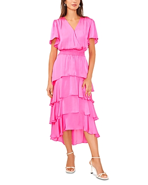 Vince Camuto Flutter Sleeve Tiered Dress In Hot Pink