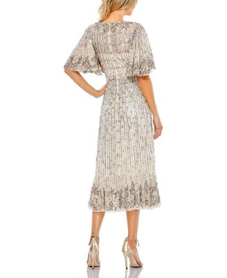  Sequined Flounce Sleeve Midi Dress