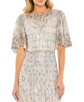  Sequined Flounce Sleeve Midi Dress