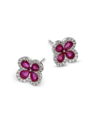 Ruby & Diamond Clover Earrings in 14K White Gold 0.21 tcw 