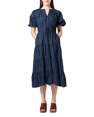 Gracia Cotton Tiered Midi Dress In Blue