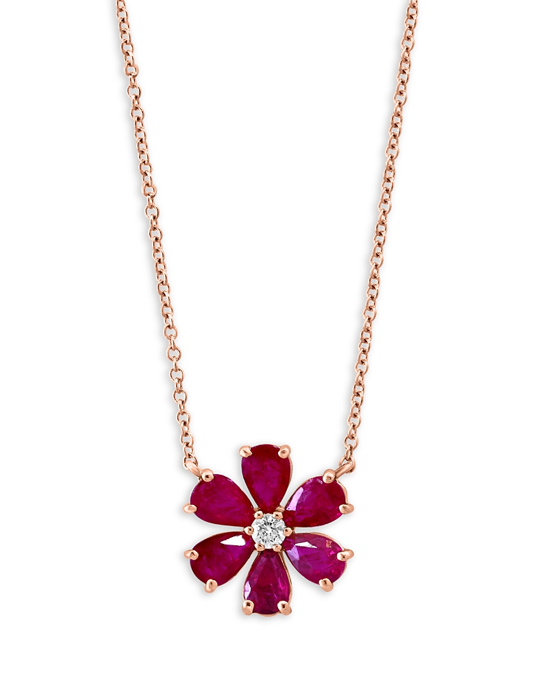 Bloomingdale's Ruby & Diamond Flower Necklace In 14k Rose Gold, 18 In Pink