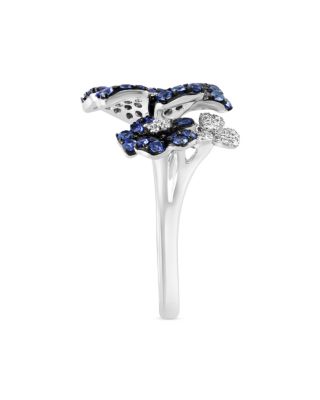 Blue Sapphire & Diamond Triple Flower Statement Ring in 14K White Gold