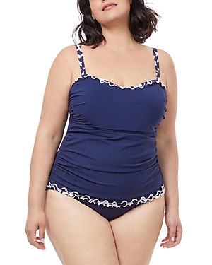 Shop Profile By Gottex Plus Pop Flower Underwired Tankini Top In Navy