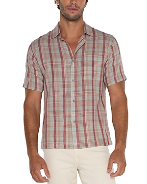 Shop Liverpool Los Angeles Short Sleeve Regular Fit Linen Shirt In Aqua Red