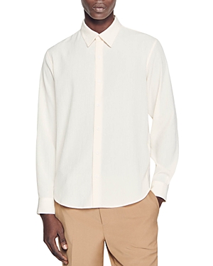 Shop Sandro Pleated Textured Loose Fit Long Sleeve Dress Shirt In Ecru