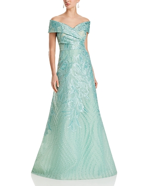 Teri Jon By Rickie Freeman Off-the-shoulder Metallic Jacquard Gown In Seafoam