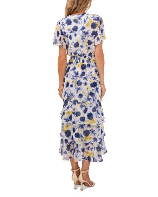 Floral Print Flutter Sleeve Tiered Ruffle Midi Dress