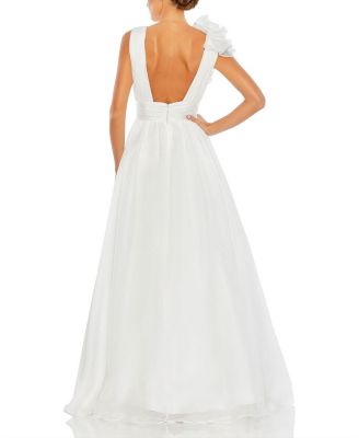 Ruffle Shoulder V-Neck Chiffon Gown