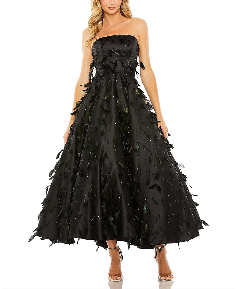 Mac Duggal 11634 Long Strapless Feather Embellished Ball Gown In Black