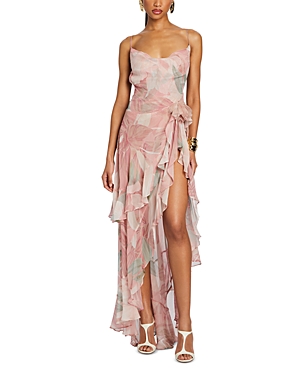 Shop Retroféte Samara Silk High Low Gown In Dusty Pink Botanical