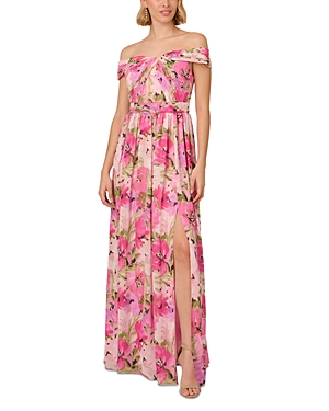 Shop Adrianna Papell Off-the-shoulder Gown In Pink Multi