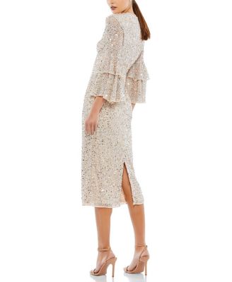 Fully Sequined Ruffle Tiered 3/4 Sleeve Midi Dress