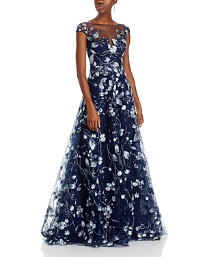 Teri Jon By Rickie Freeman Embroidered Lace Illusion Bodice Gown In Navy Silver