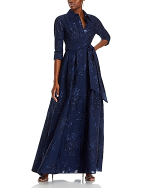 Shop Teri Jon By Rickie Freeman Metallic Jacquard Gown In Navy