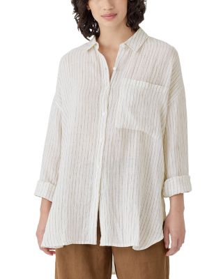 Eileen Fisher Puckered Linen Classic Collar Long Shirt