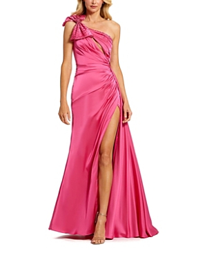 Shop Mac Duggal Embellished Bow Satin One Shoulder Gown In Rose