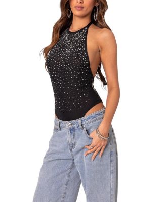 Open Back Mesh Rhinestone Bodysuit
