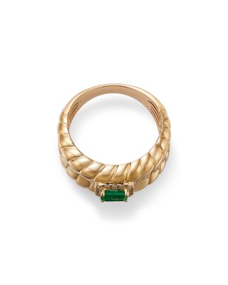 Emerald & Diamond Ridged Statement Ring in 14K Yellow Gold