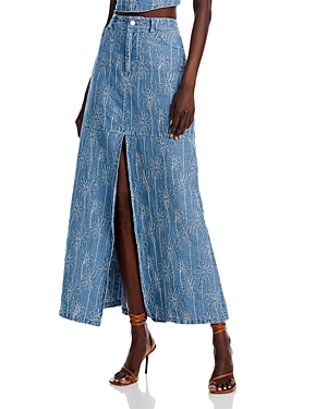 Shop Avec Les Filles Embroidered Denim Maxi Skirt In Douro Wash