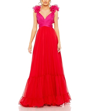 Mac Duggal Ruffle Tiered Color Block Cut Out Lace Up Chiffon Gown In Multi