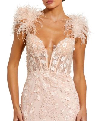 Feather Straps Sheer Applique Bustier Gown