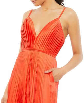 Pleated Plunge Neck Wide Leg Jumpsuit