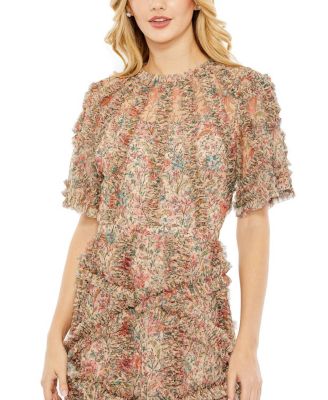 Floral Flutter Sleeve Mesh Print Dress