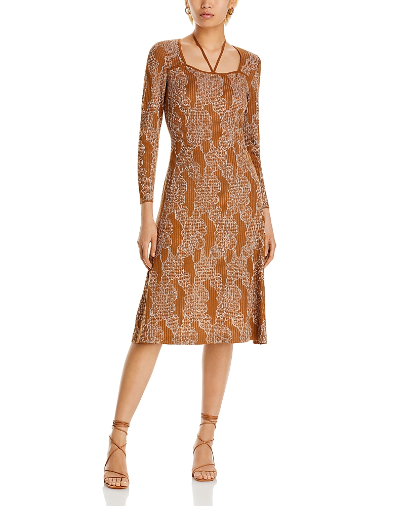 Shop Misook Metallic Jacquard Dress In Copper/new Ivory