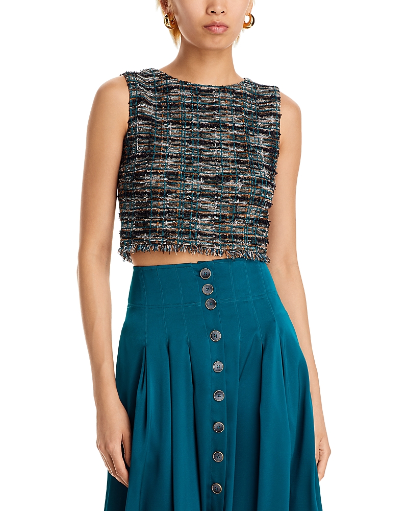 Misook Fringe Trim Tweed Knit Cropped Top