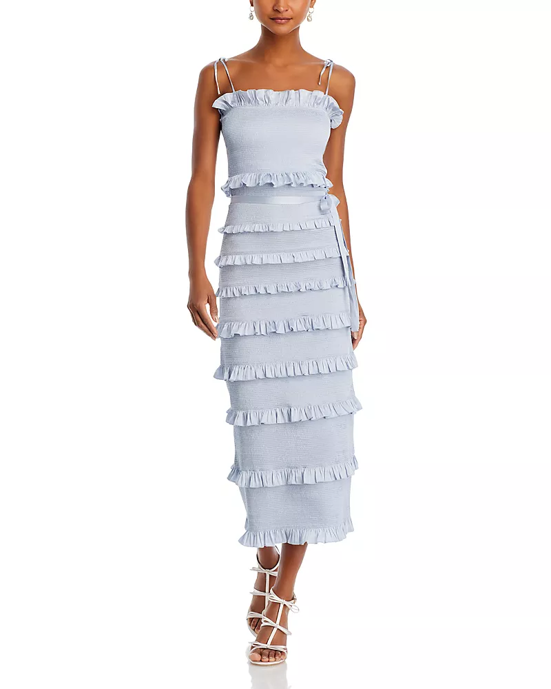 V. Chapman Lily Smocked Floral Print Ruffle Trim Midi Dress