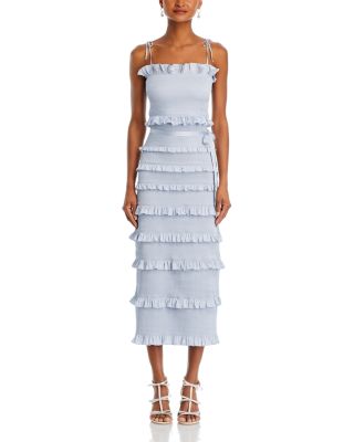 Lily Smocked Floral Print Ruffle Trim Midi Dress