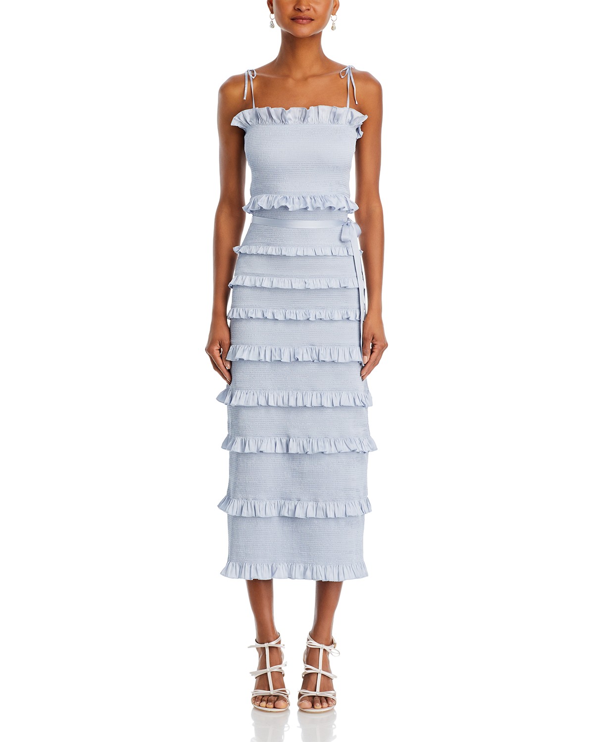 Lily Smocked Floral Print Ruffle Trim Midi Dress