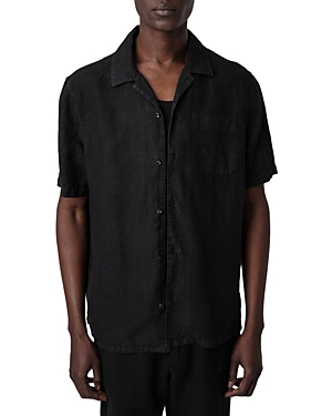 Shop Zadig & Voltaire Sloan Linen Regular Fit Button Down Camp Shirt In Noir