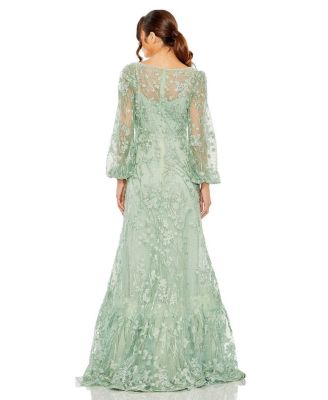 V Neck Puff Sleeve A Line Embroidered Gown