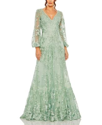 Mac Duggal V Neck Puff Sleeve A Line Embroidered Gown Bloomingdale s