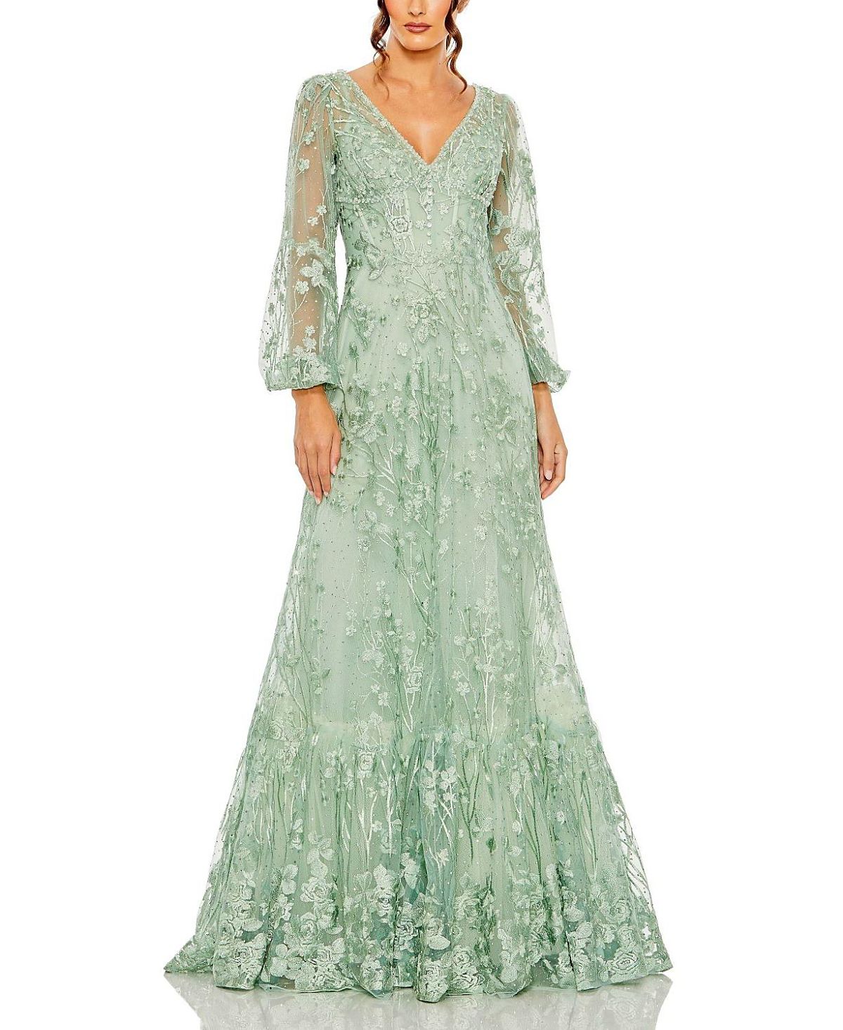 Mac Duggal V Neck Puff Sleeve A Line Embroidered Gown